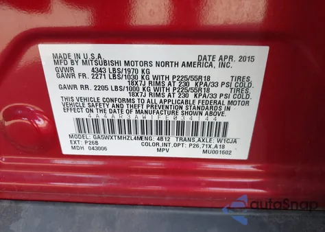 2015 Mitsubishi Outlander Sport Es from USA, damaged, VIN 4A4AR3AW1FE034144